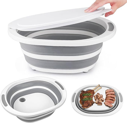 Collapsible BBQ Prep Tub with Lid, 7.5L Bottle Wash Basin with Drain Plug, Chopping Board Colander for Kitchen, Portable Camping Sink Dish Basin, Folding Dish Pan Storage Basket Picnic BBQ Accessories