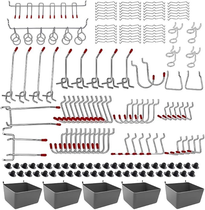 165pcs Metal Hanging Organizer Set, Waterproof Hooks and Storage Boxes for 1-inch Gutter Spacing, Tool Hanging Kit with Hammer, Brush, Drill, Screw for Garage, Warehouse, Garden Use