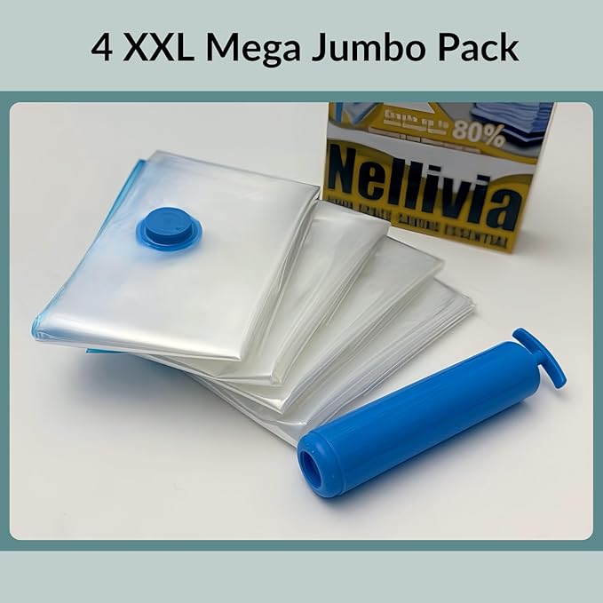 4 Mega Jumbo XXL Vacuum Storage Bags with Pump (47x35in), Supersized Compression Space Saver for Comforter, duvet, Bedding, Blanket storage, Vacuum Seal Bags for Clothing, Stuffed Toy, Cushions