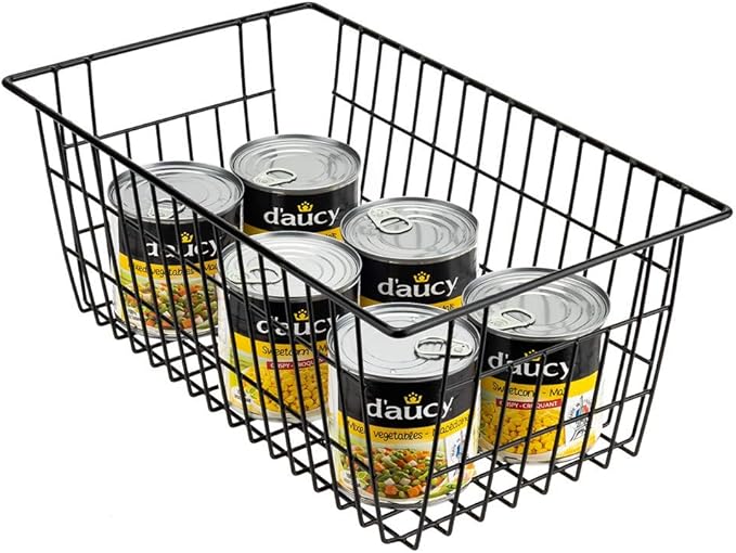 SANNO Freezer Basket Organizer, Refrigerator Metal Wire Storage Divider, Household Container Bins with Handles for Kitchen, Bathroom, Office, Camping, Black,Set of 4