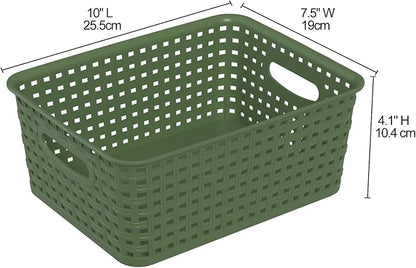 6 Packs Plastic Organizer Shelf Baskets, Desktop Weave Storage Basket, Green Storage Baskets for Cabinet, Pantry