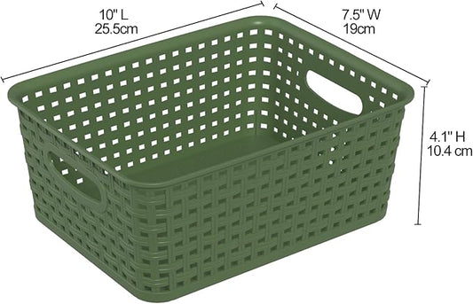 6 Packs Plastic Organizer Shelf Baskets, Desktop Weave Storage Basket, Green Storage Baskets for Cabinet, Pantry