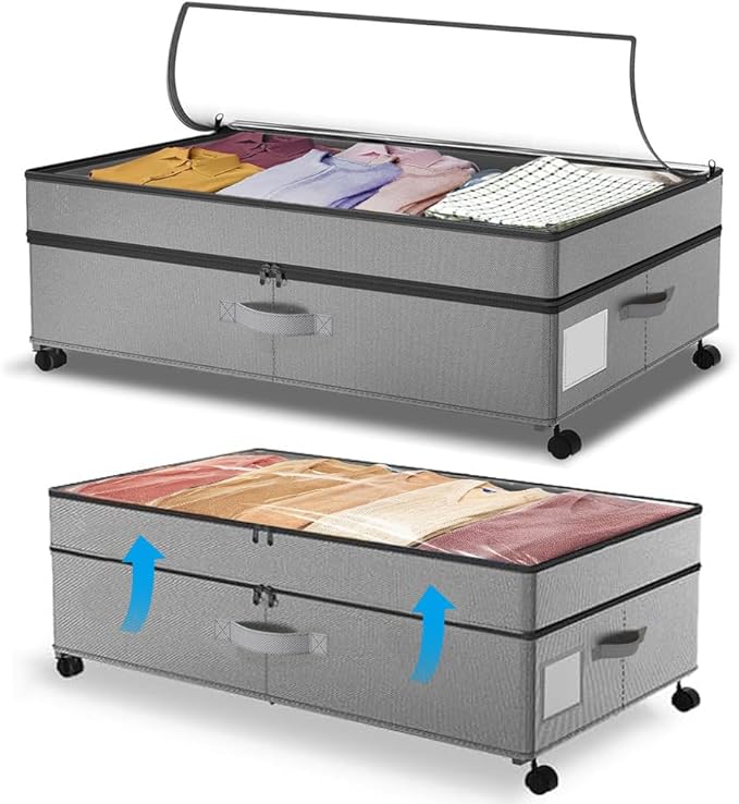 SHAJOPH Under Bed Storage with Wheels Height Adjustable 2 Pack Under Bed Storage Containers with Clear Lid & Handles Rolling Under Bed Drawers for Clothes Shoes Toys Blankets Grey