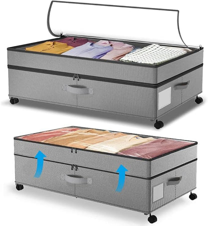 SHAJOPH Under Bed Storage with Wheels Height Adjustable 2 Pack Under Bed Storage Containers with Clear Lid & Handles Rolling Under Bed Drawers for Clothes Shoes Toys Blankets Grey