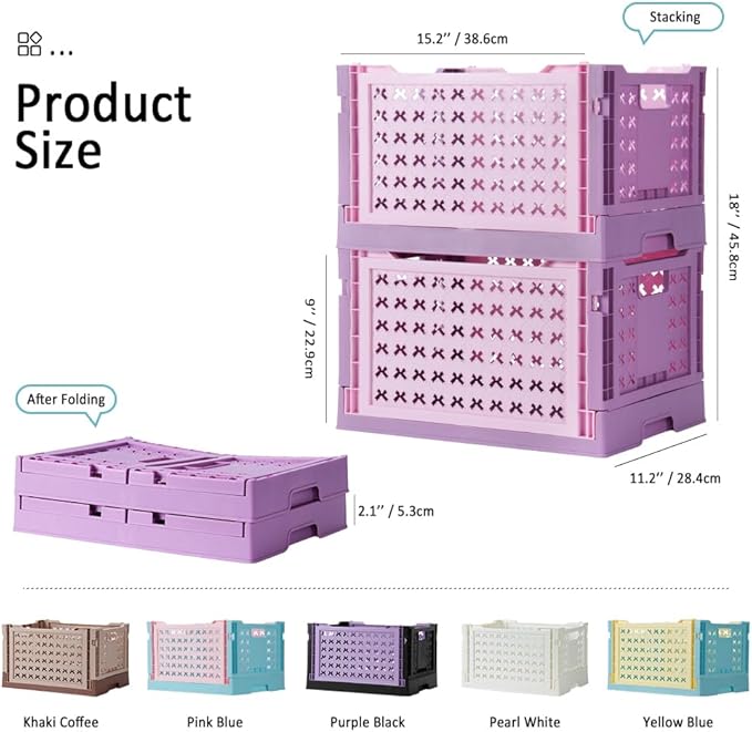 Stackable Plastic Closet Storage Basket, 2 Pack Foldable Closet Organizers and Storage Bins, Decorative Basket for Closet, Shelves, Laundry, Wardrobe Organizing (Pink Purple)