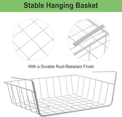 4-Pack White Under Cabinet Storage Baskets – Hanging Shelf Organizers for Kitchen, Pantry, Desk & Bookshelf – No-Tool Installation, Space-Saving Design