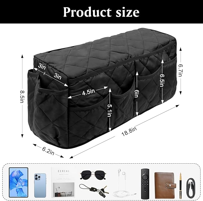 HADEEONG Remote Control Holder, Non Slip Bedside Armchair Caddy, Recliner Arm Caddy Armrest Organizer with 14 Pockets for Cell Phone TV Remote Control Magazines, Black