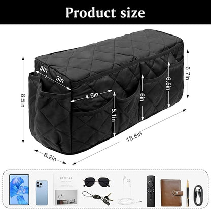 HADEEONG Remote Control Holder, Non Slip Bedside Armchair Caddy, Recliner Arm Caddy Armrest Organizer with 14 Pockets for Cell Phone TV Remote Control Magazines, Black