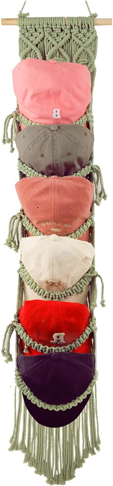 KaloKalo Macrame Cap Holder Boho Hat Hangers Over Door Ball Cap Rack Organizer Decorative Bohemian Handmade Woven Wall Hanging for Baseball Cap Display Decoration (Green, Up to 12 Caps)