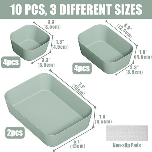 Plastic Drawer Organizers, 10 PCS Drawer Organizer Bins, Bathroom and Vanity Organizer Plastic Tray, Makeup organizer and storage for Makeup, Bedroom, Kitchen Gadgets Utensils and Office (Green)