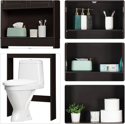 Bonnlo Over The Toilet Storage Cabinet Bathroom Behind Toilet Shelf Towel Storage Freestanding Organizer Space Saver with Double Door Glass Window Cabinet Tower with Adjustable Shelf (Brown)