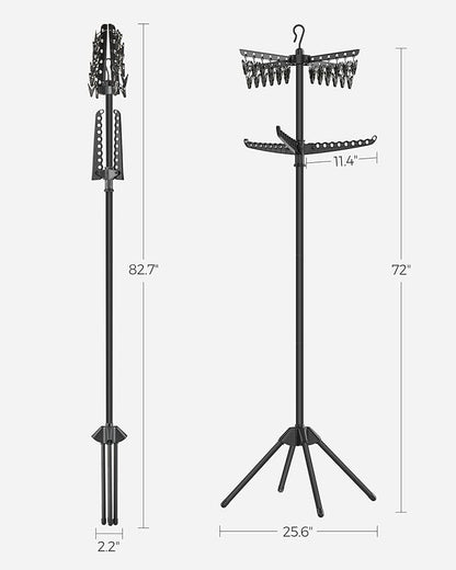 SONGMICS 2-Tier Clothes Drying Rack, 72-Inch Folding Laundry Drying Rack with 3 Rotatable Arms for Hangers, 24 Clips, Stainless Steel, for 27 Pieces of Clothes, Black ULLR512B01
