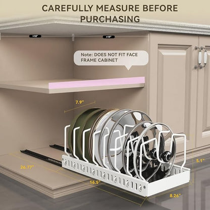 Pots and Pans Organizer Under Cabinet, Pull-out Pots and Pans Organizer, Under Cabinet Pot Lid Holder, Sliding type Pots and Pans Storage with 8 Adjustable Dividers for Kitchen