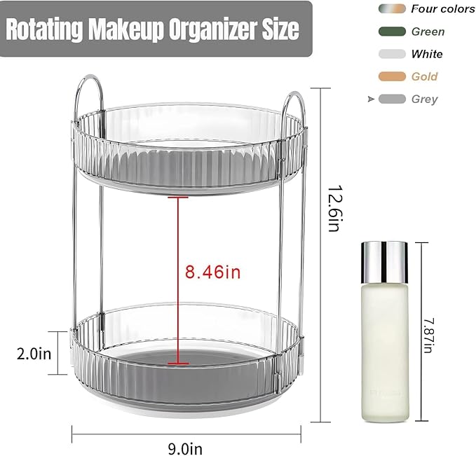 Weidace 360 Rotating Makeup Organizer for Vanity, Bathroom Countertop Spinning Perfume Organizer, High-Capacity Cosmetic and Skincare Dresser Make Up Holder Rack (2 Tiers, Grey)