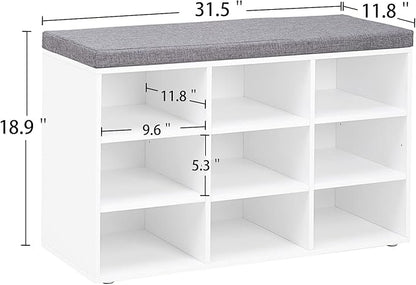 DINZI LVJ Shoe Storage Bench with Cushion, Cubby Shoe Rack with 9 Cubbies, Adjustable Shelves, Multifunctional Shoe Organizer Bench for Entryway, Mudroom, Hallway, Closet and Garage, White