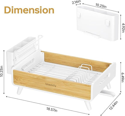 Urackify Dish Drying Rack for Kitchen Counter – Stainless Steel & Bamboo Dish Rack, Drying Rack Kitchen with Large Removable Utensil Holder, Dish Drainer with Auto-Drain Drainboard, White