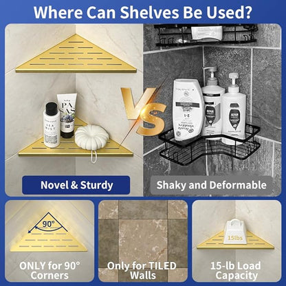 Bernkot Corner Shower Shelf, 304 Stainless Steel Bathroom Shelf for Tiled Wall, Grout in Shelves (Gold, 10"-2 Pack)