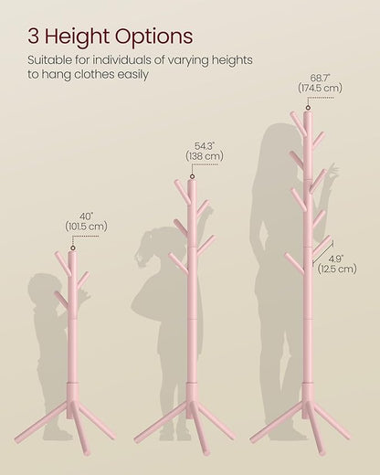 VASAGLE Solid Wood Coat Rack, Free Standing Tree-Shaped Coat Rack with 8 Hooks, 3 Height Options, for Clothes, Hats, Bags, Living Room, Bedroom, Home Office, Jelly Pink URCR004R01