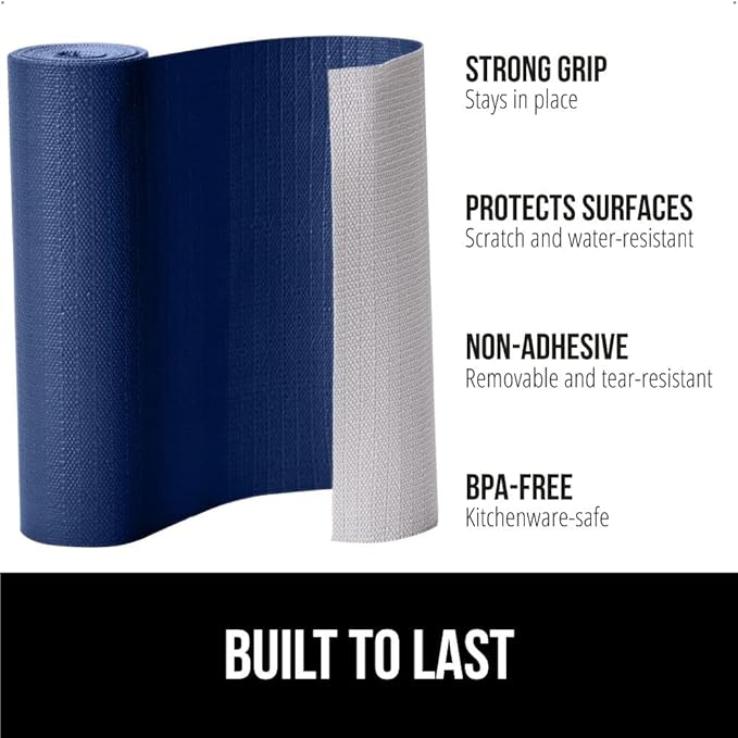 GORILLA GRIP DripGuard Shelf Liner, Non Adhesive Drawer and Kitchen Cabinet Protector, Slip Resistant BPA Free Smooth Surface Plastic Liners for Cabinets, Bathrooms, Closets, 12x240 Inch, Navy Blue
