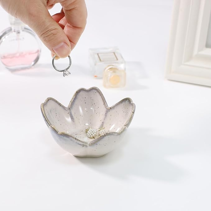 YZMICSTAR Flower Ring Dish Holder,Jewelry Dish Tray,Small Trinket Tray,Jewelry Plate Bowl,Key Bowl,Decorative Plate,Birtdhay Christmas Gifts for Women Friends,Ceramic Kiln effect Grey