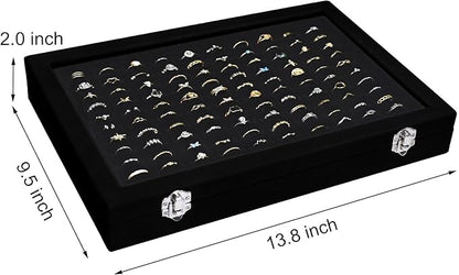 Velvet Ring Display Tray Organizer Box with Transparent Lid, 100 Slot Ring Holder Showcase For Store Display Jewelry Show Home, Ring Organizer For Rings Earrings (Black)