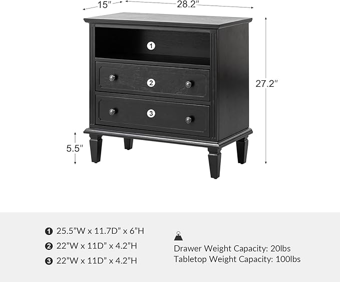 HULALA HOME Farmhouse End Table with Charging Station Set of 2, End Table with USB Ports & Outlets, Fluted Pilasters Design Side Table with Open Space and 2 Drawers Dresser for Living Room, Black