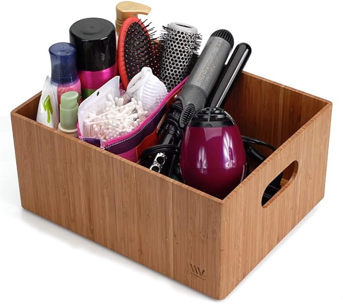 MobileVision Bamboo Storage Box, 12”x 9”x 6”, Durable Bin w/ Handles, Stackable - For Toys Bedding Clothes Baby Essentials Arts & Crafts Closet & Office Shelf With (White Clip Included)