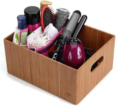 MobileVision Bamboo Storage Box, 12”x 9”x 6”, Durable Bin w/ Handles, Stackable - For Toys Bedding Clothes Baby Essentials Arts & Crafts Closet & Office Shelf With (White Clip Included)