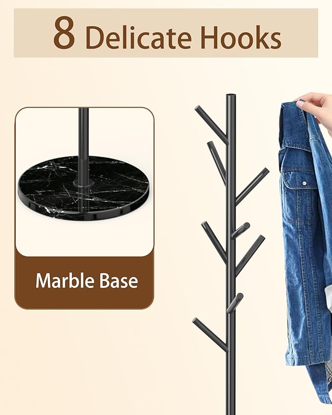 Modern Coat Rack Stand, Metal Freestanding Coat Rack with Natural Marble Base, Black Coat Racks with 8 Hooks and Coat Hanger Tree Jacket Stand for Office, Entryway, Hallway