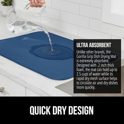 GORILLA GRIP Ultra Water Absorbent Microfiber Dish Drying Mat, 18x32, Quick Dry Thick Mesh, Slip Resistant Pad for Sink Dishes or Under Rack, Kitchen Counter Accessories, Machine Wash, Blue