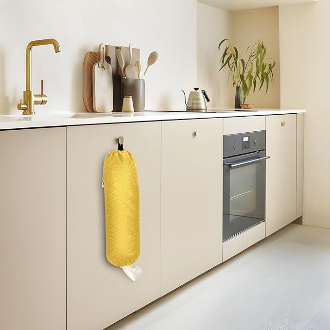 1 PC Plastic Bag Holder Wall Mount Grocery Bag Holder Shopping Bag Trash Bag Storage Organizer Dispenser for Kitchen Closet 22 x 9 Inch Geometric Yellow