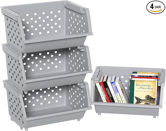 4 Packs Plastic Stackable Storage Bins, Large Stacking Storage Baskets, Gray