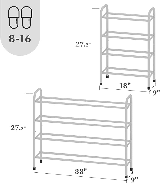 Expandable Shoe Rack, 4-Tier Metal Small Shoe Rack, Adjustable Shoes Organizer, Storage Shelf for Closet, Entryway, White