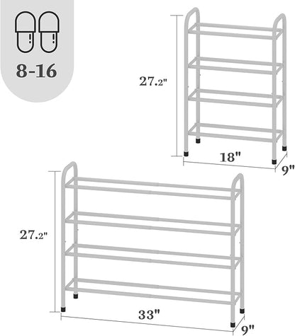 Expandable Shoe Rack, 4-Tier Metal Small Shoe Rack, Adjustable Shoes Organizer, Storage Shelf for Closet, Entryway, White