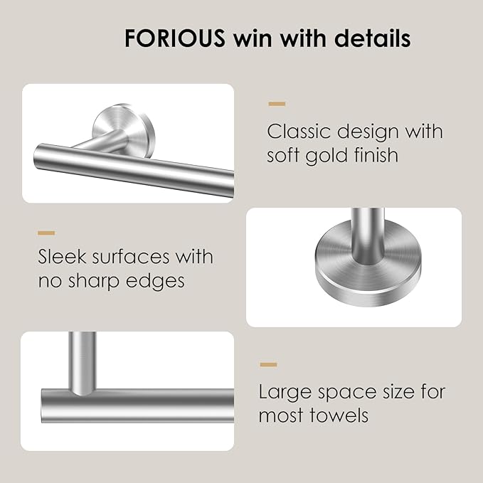 FORIOUS Towel Bar Wall Mounted, Stainless Steel Towel Racks for Bathroom, Includes Wall Mounting Hardware (Brushed Nickel, 14 Inch)