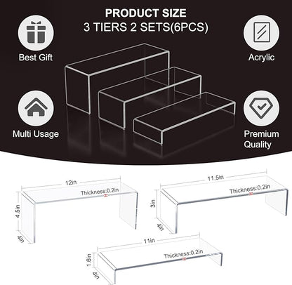 Acrylic Display Riser Stand,5mm Thickness,12'' Length Tier Display Stands, Thickened to 0.2''(5mm) Acrylic Shelf Risers for Perfume Display,Risers for Buffet Table,Cupcake Stand,Pop Figurines,Tumbler,Food,6Pcs