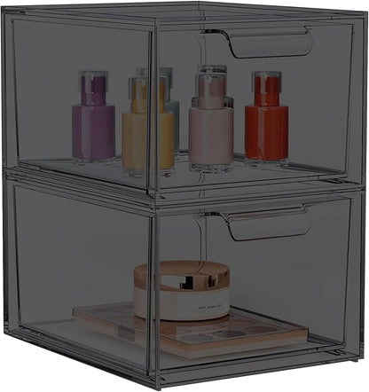 2 Pack Stackable Makeup Organizer and Storage, Acrylic Organizers，Clear Plastic Storage Drawer with Pull-Out Handles for Vanity, Undersink, Kitchen Cabinets, Pantry, Black