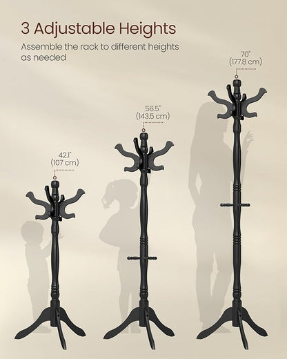 VASAGLE Coat Stand, Solid Wood Freestanding Coat Rack with 11 Hooks, Hall Tree for Bags, Purses, Hats, for Entryway, Hallway, Rubberwood, Ink Black URCR005B01