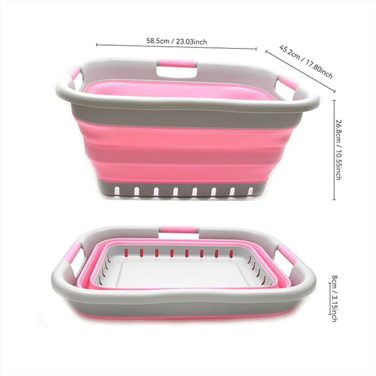 SAMMART 41L (10.8 gallon) Set of 2 Collapsible 3 Handled Plastic Laundry Basket-Foldable Pop Up Storage Container/Organizer-Space Saving Hamper/Basket (2, Grey/Pink)
