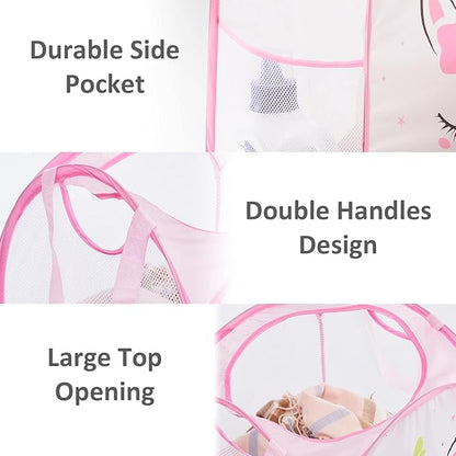 TECHMILLY Collapsible Mesh Pop Up Laundry Hamper with Sturdy Handles and Side Pocket - Portable Foldable Clothes Baskets for Dorm, Bathroom & Travel Storage (Unicorn, 3 Packs)