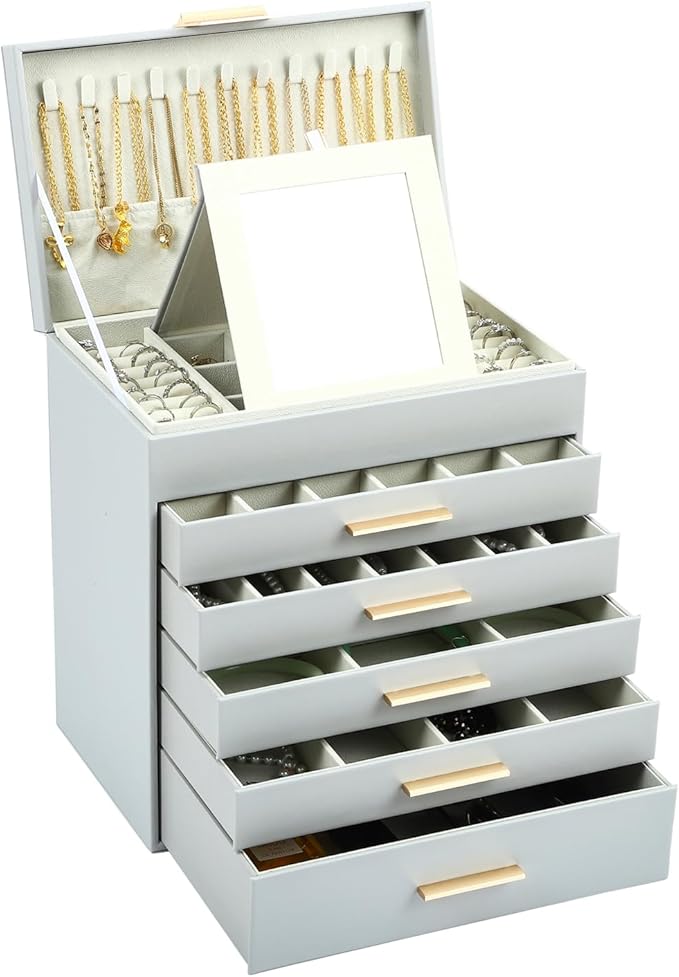 BOOVO Jewelry Box with Necklace Hanger – 6 layer Jewelry Organizer for Women with 5 Drawers, Large Jewelry Storage Boxes –Jewelry Organizers and Storage for Earrings, Necklaces (Grey, 6 layer)
