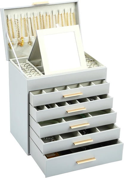 BOOVO Jewelry Box with Necklace Hanger – 6 layer Jewelry Organizer for Women with 5 Drawers, Large Jewelry Storage Boxes –Jewelry Organizers and Storage for Earrings, Necklaces (Grey, 6 layer)