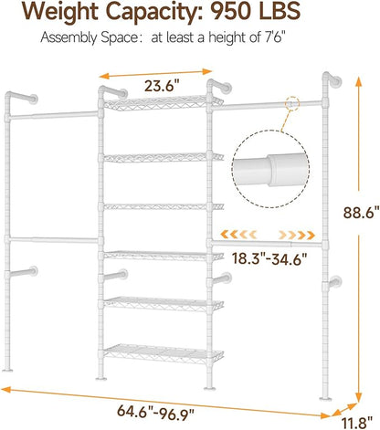 ONBRILL H3 Wall Mounted Closet System, Expandable Industrial Pipe Clothes Rack Clothing Rack for Hanging Clothes, Heavy Duty Closet Organizers and Storage in Wardrobe Closet, White