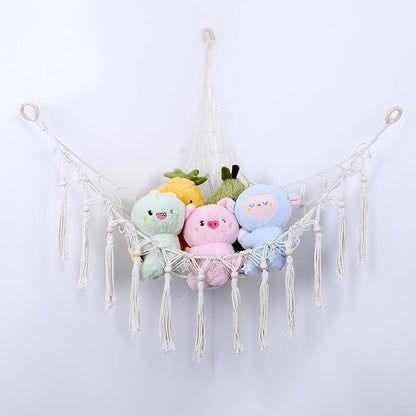 Stuffed Animal Hammock with 13LEDs Star Lights, 47in Toy Storage Macrame Hammock, Hanging Toy Net for Kids Bedroom Doll Room Corner Organizer, Battery Powered Toy Hammocks with Remote(Star, Large)