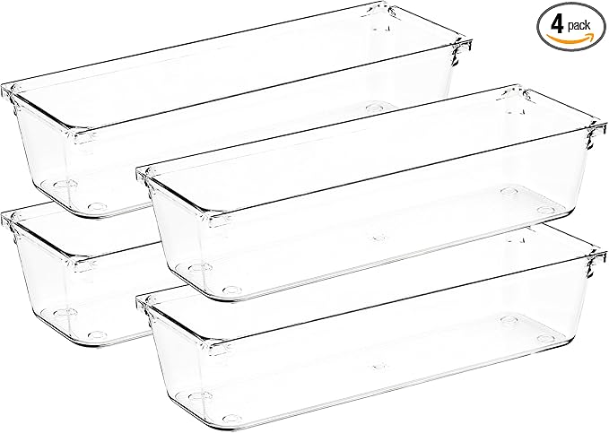 Ravinte Decor 4 Pack Drawer Organizer - 3" X 9" Clear Acrylic Storage Bins with Non-Slip Pads, Versatile Desk Tray for Makeup, Jewelry, Kitchen, Bathroom, and Office Organization