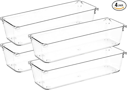 Ravinte Decor 4 Pack Drawer Organizer - 3" X 9" Clear Acrylic Storage Bins with Non-Slip Pads, Versatile Desk Tray for Makeup, Jewelry, Kitchen, Bathroom, and Office Organization