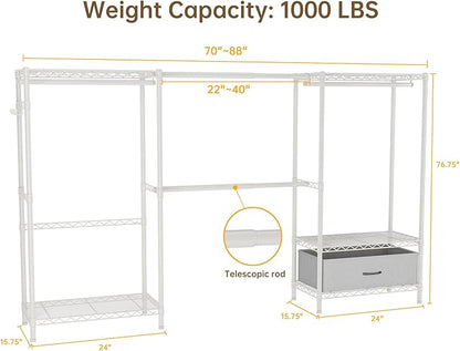 Coat Rack Clothes Wardrobe：Closet Organizer and Storage Clothing Garment Rack with Shelves Heavy Duty for Hanging Clothes Portable Adjustable White 15.8" DX69 WX76.5 H
