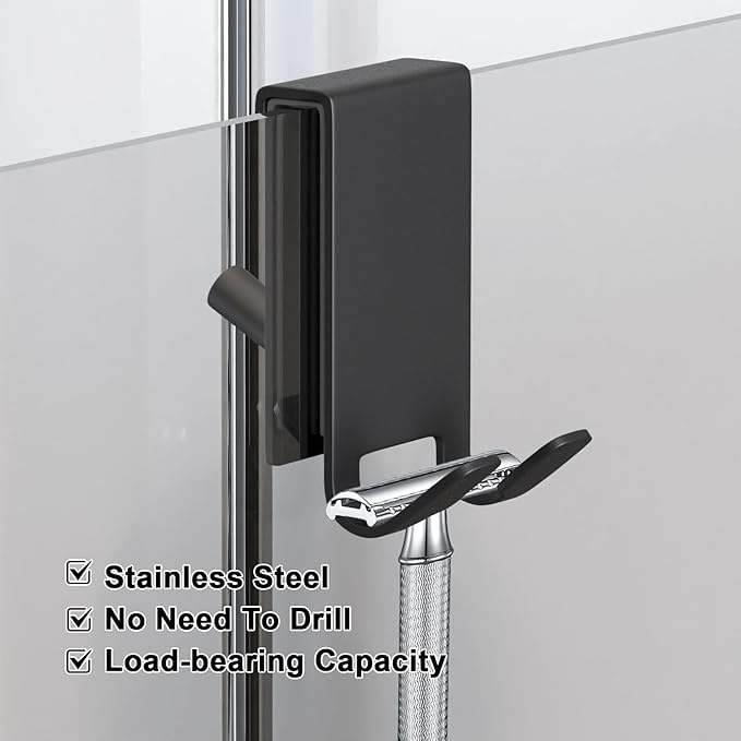 KITHOLD Shower Door Hook, Double-Sided Hook for Frameless Shower Doors (3.14 Inch), Heavy-Duty Stainless Steel Hook for Bathrobes and Towels, No Drilling or Adhesive Required, 2-Pack, Black