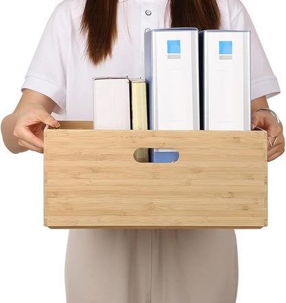 14.6”x10.2”x6.5” Lidded Storage Bins - Stackable Bamboo Box/Cube/Basket with Handles for Home Kitchen Office, Organize Tableware Clothing Toys Books