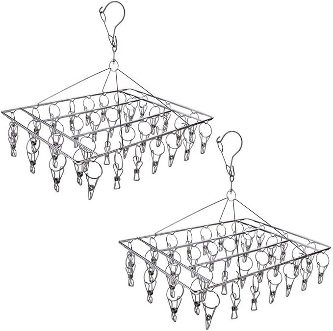 2 Pack Stainless Steel Sock Drying Rack with 72 Clips, Swivel Wind-Proof Hook Clothes Hanger Dryer for Sock, Underwear, Bra, Laundry Accessories